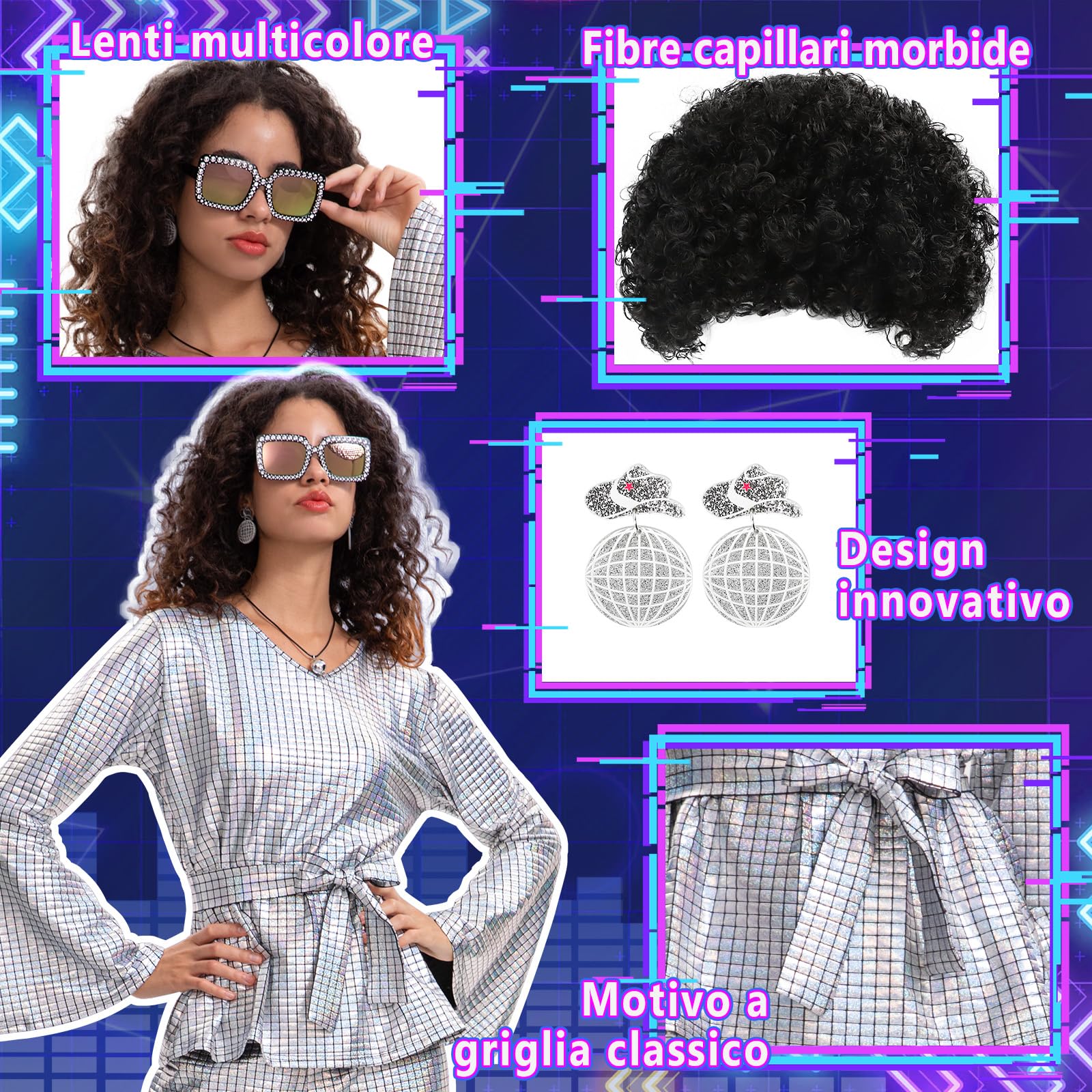 Ulikey Costume da Discoteca da Donna, Brillante 9 Pezzi Set da Discoteca da Donna Vestito Anni 70 con Orecchini, Collana, Occhiali da Sole, Parrucca per Carnevali, Riunioni di Famiglia