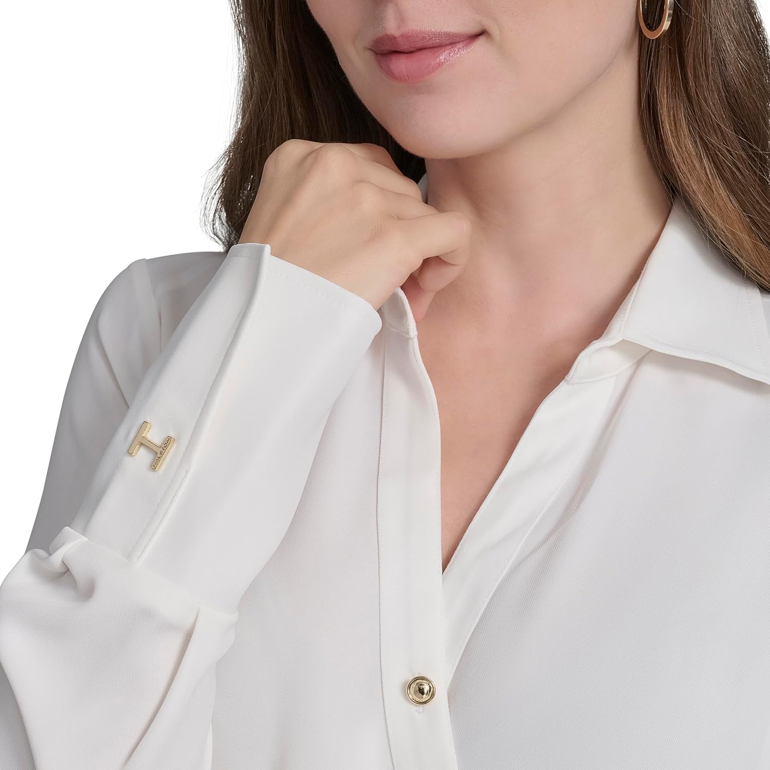 H Halston Womens Drapped Front Neck Blouse with Hardware - Image 5