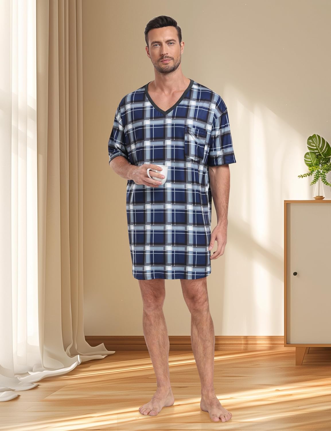 MoFiz Men's Nightshirt Soft Pajamas V Neck Short Sleeve Nightgown Loose Sleepwear Nightwear Comfy Sleep Shirt S-3XL - Image 6