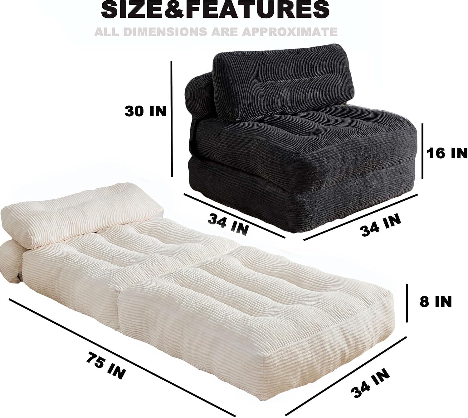 Folding Sofa Bed, Convertible Sleeper Chair Couch Bed Faux Rabbit Fur for Adults, with Back Support Floor Couch Comfy Floor Sofa for Living Room Bedroom, Ivory, Single