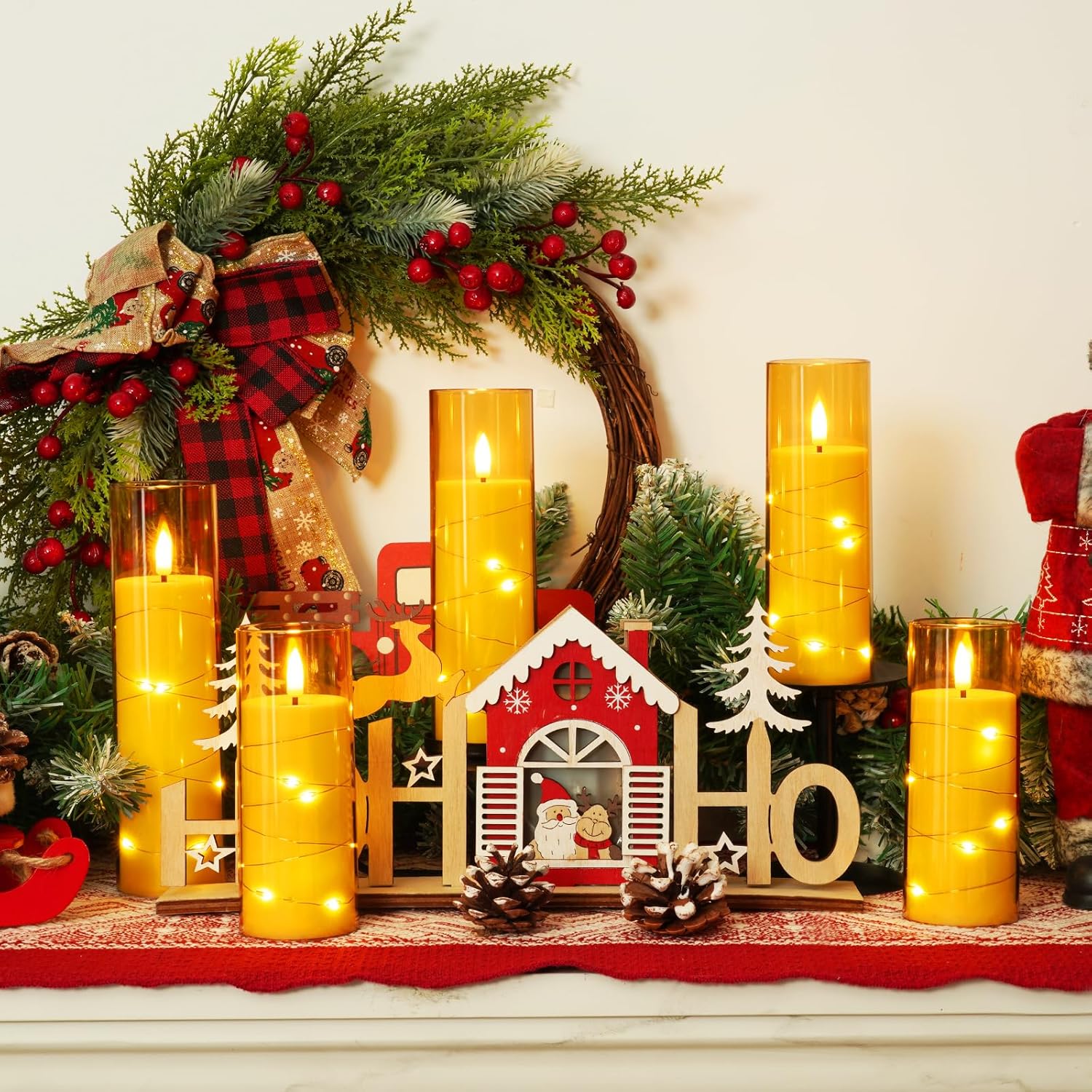 Homemory Flameless LED Candle with Embedded Star String Lights, Fake Candles with Remote Control & Timer, Battery Operated Candles, Amber, Set of 5 - Image 7