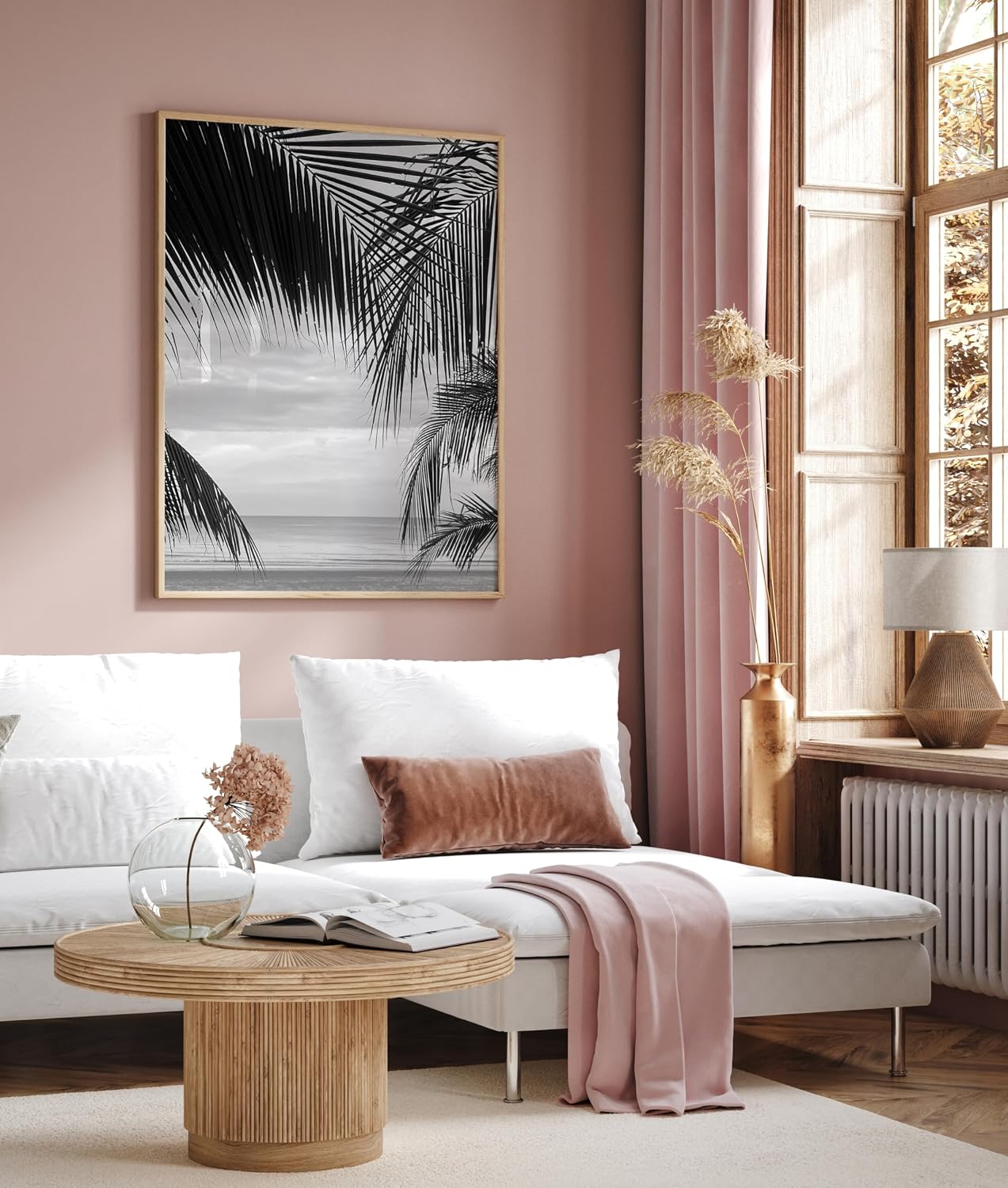 Poster Master View Between Palm Leaves Poster - Beach Print - Photography Artwork - Black & White Art - Seascape Illustration - Tropical Design - Ocean or Beach House Decor - 8x10 UNFRAMED