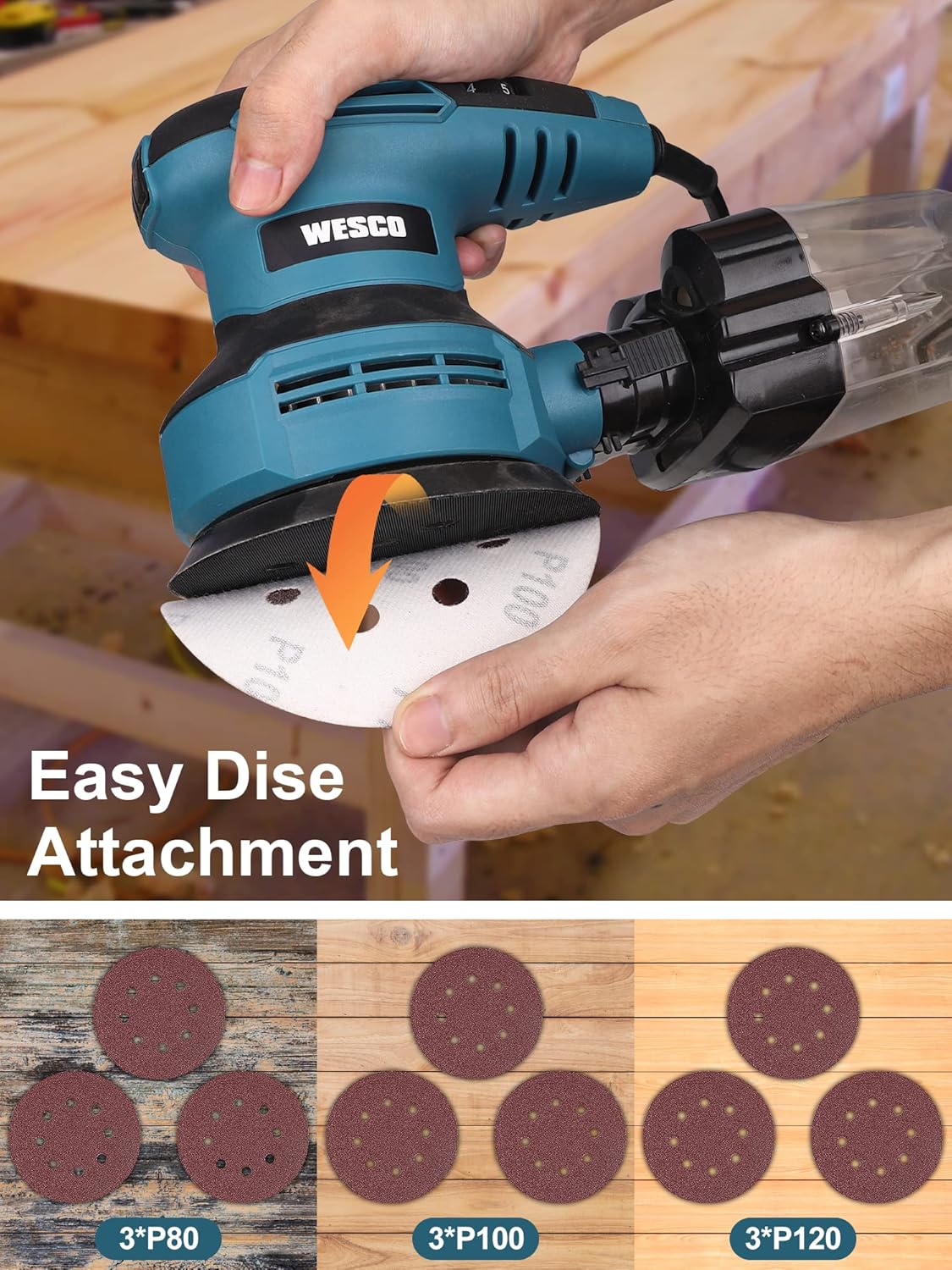 WESCO Random Orbital Sander, 3.0 Amp 5 In. Corded Variable Speed Random Orbital Sander/Polisher Kit with Dust Collector - - 