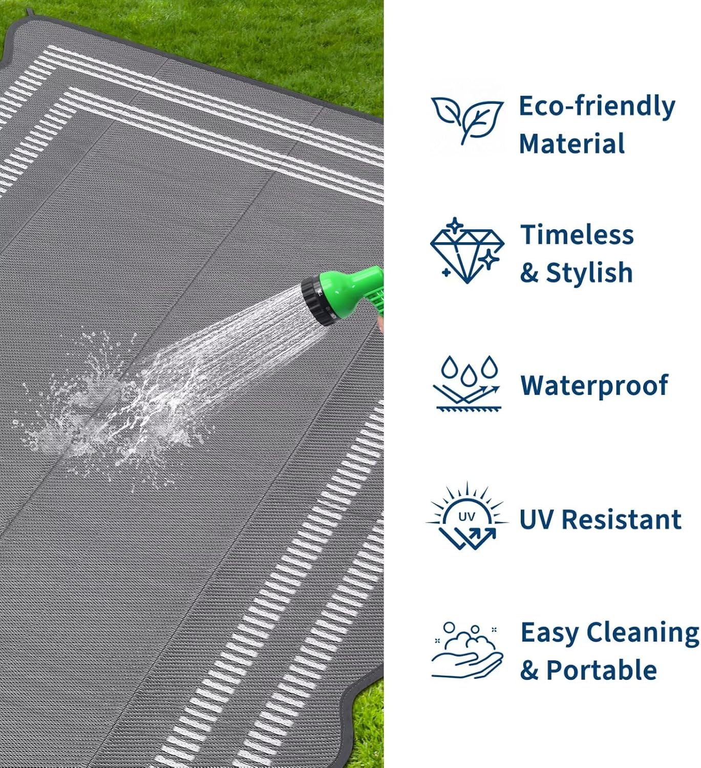 Garvee Waterproof Outdoor Rug 8x10, Scalloped Geometric Foldable Plastic Straw Patio Camping Rug, Outdoor RV Carpet for Deck Camper Porch Balcony Backyard Picnic Beach Gray