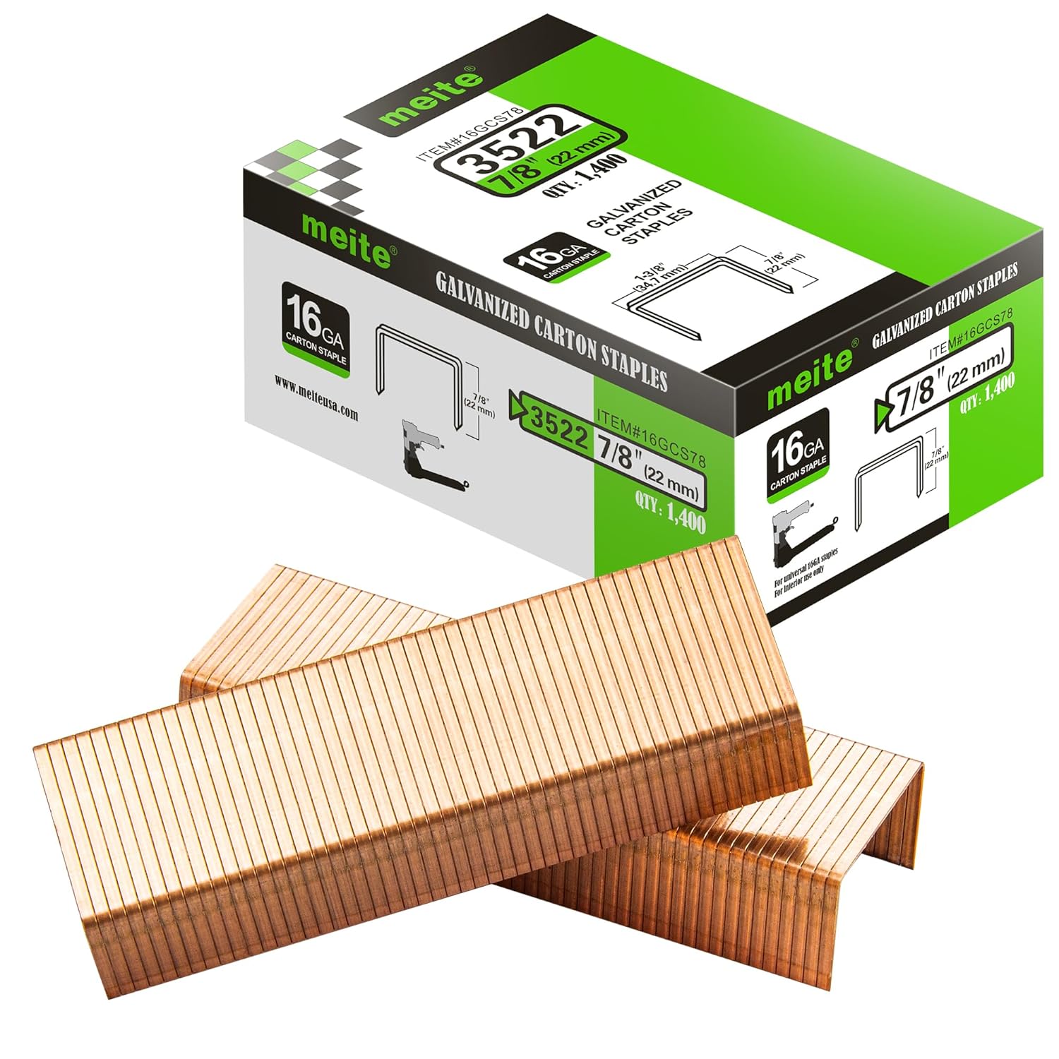 meite 16 Gauge Carton Closing Staples 1-3/8" Crown 7/8" Leg Copper-Coated 2800PCS for Box Staplers - Rust-Proof Box Sealing