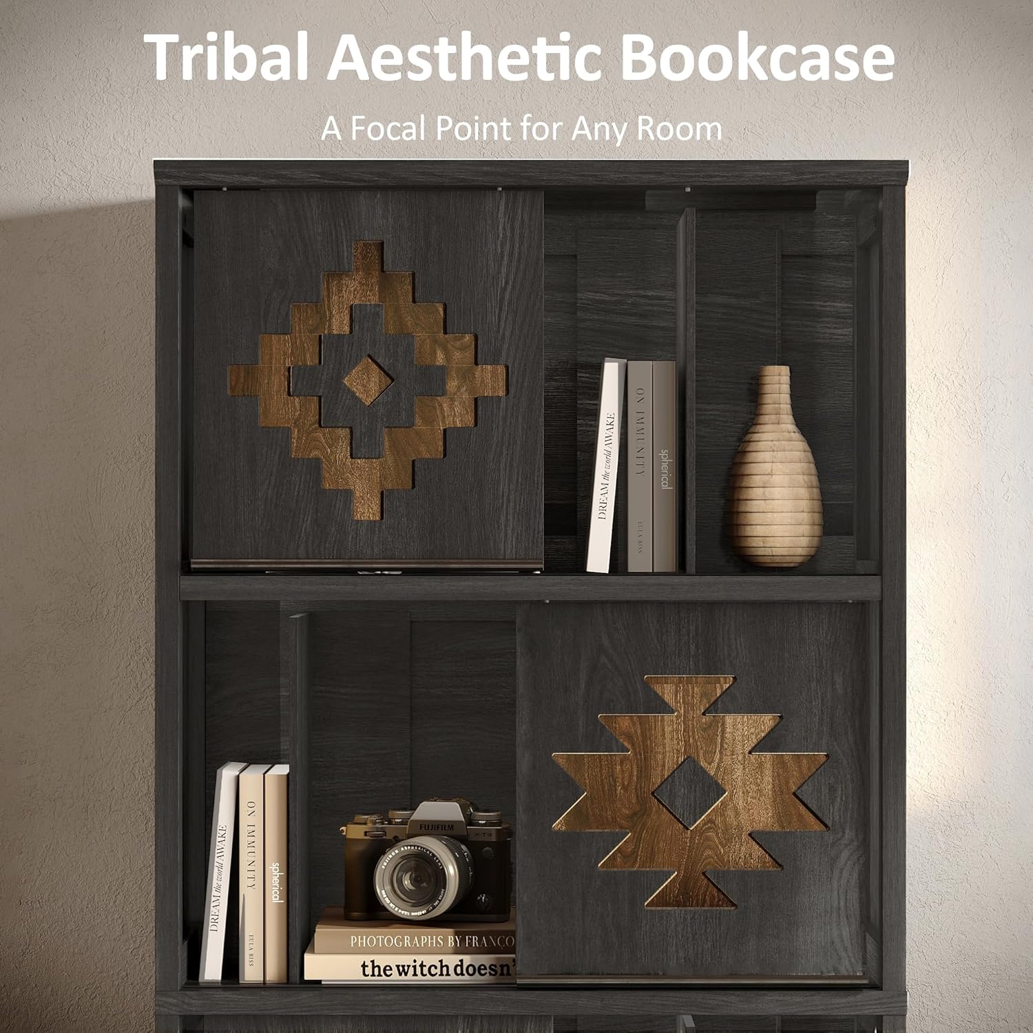 Bookcase & Bookshelf with Movable Bookends, 4-Tier Open Storage Shelves, Beveled Gliding Doors, Large Wooden Display Cabinet for Living Room, Home Office, Bedroom, Black