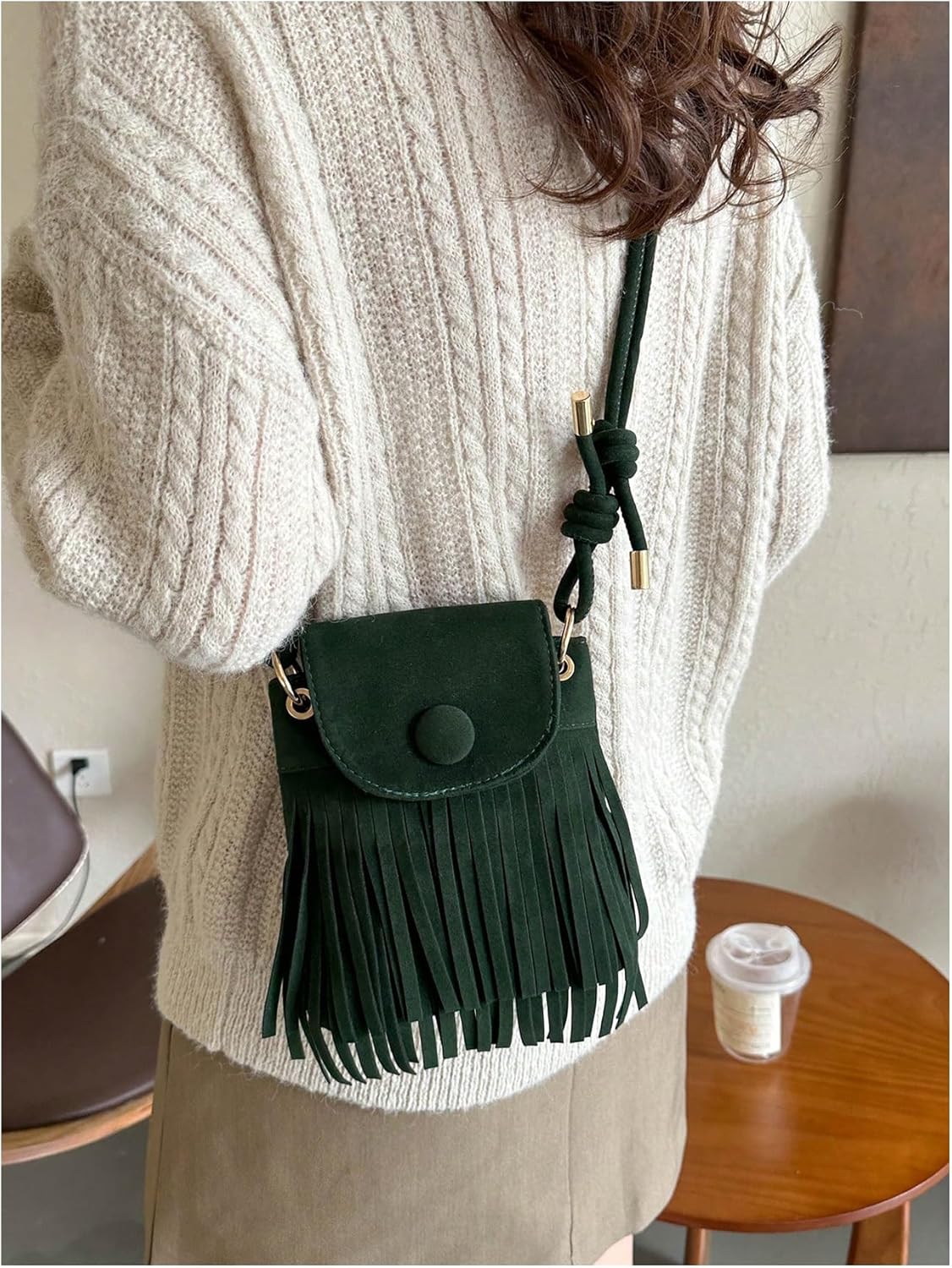 OYOANGLE Women's Boho Fringe Suede Cell Phone Bags Hippie Western Small Tassel Crossbody Bags - Image 4