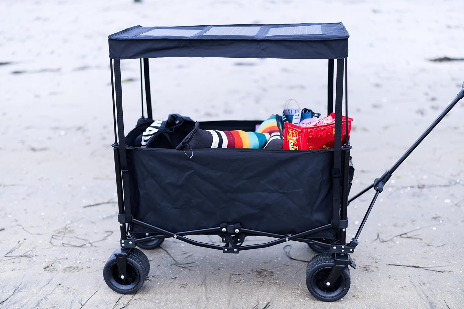 Collapsible Wagon, Wagon Carts Foldable, Grocery Cart on Wheels, 30W Solar Panel Canopy w/USB, Type-C&DC Outlets for Phone, All-Terrain Wheels