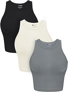 Womens 3 Pack Crop Tank Tops Basic Seamless Ribbed Round High Neck Racerback Workout Top Summer Causal Yoga Gym Shirts