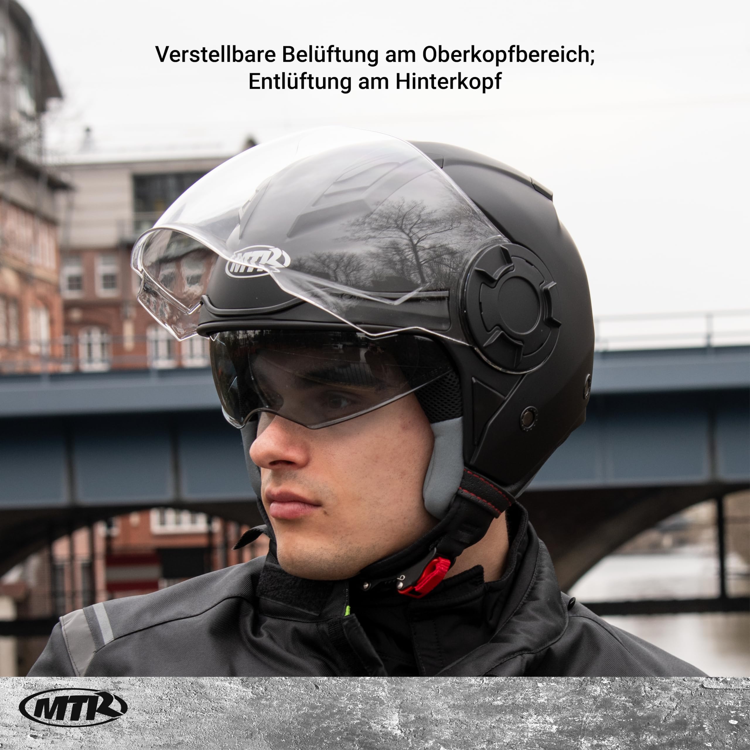 MTR Demi-Jet 5 Evo Jethelm mit Visier und Sonnenblende, Helm Motorrad ECE Zertifiziert, Roller Helm Herren & Damen, Leichter Motorradhelm mit Visier