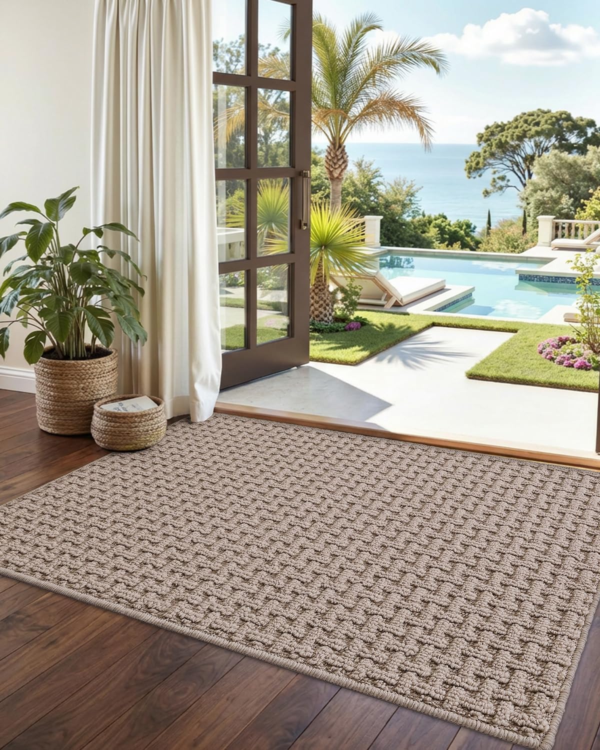DEXI Front Entryway Door Mat Non Slip 36x60, Washable Entry Way Mats Inside Entrance Low Profile, Welcome Doormat Dirt Trapper for House Floor Home Porter Hall Backdoor Area, Light Taupe