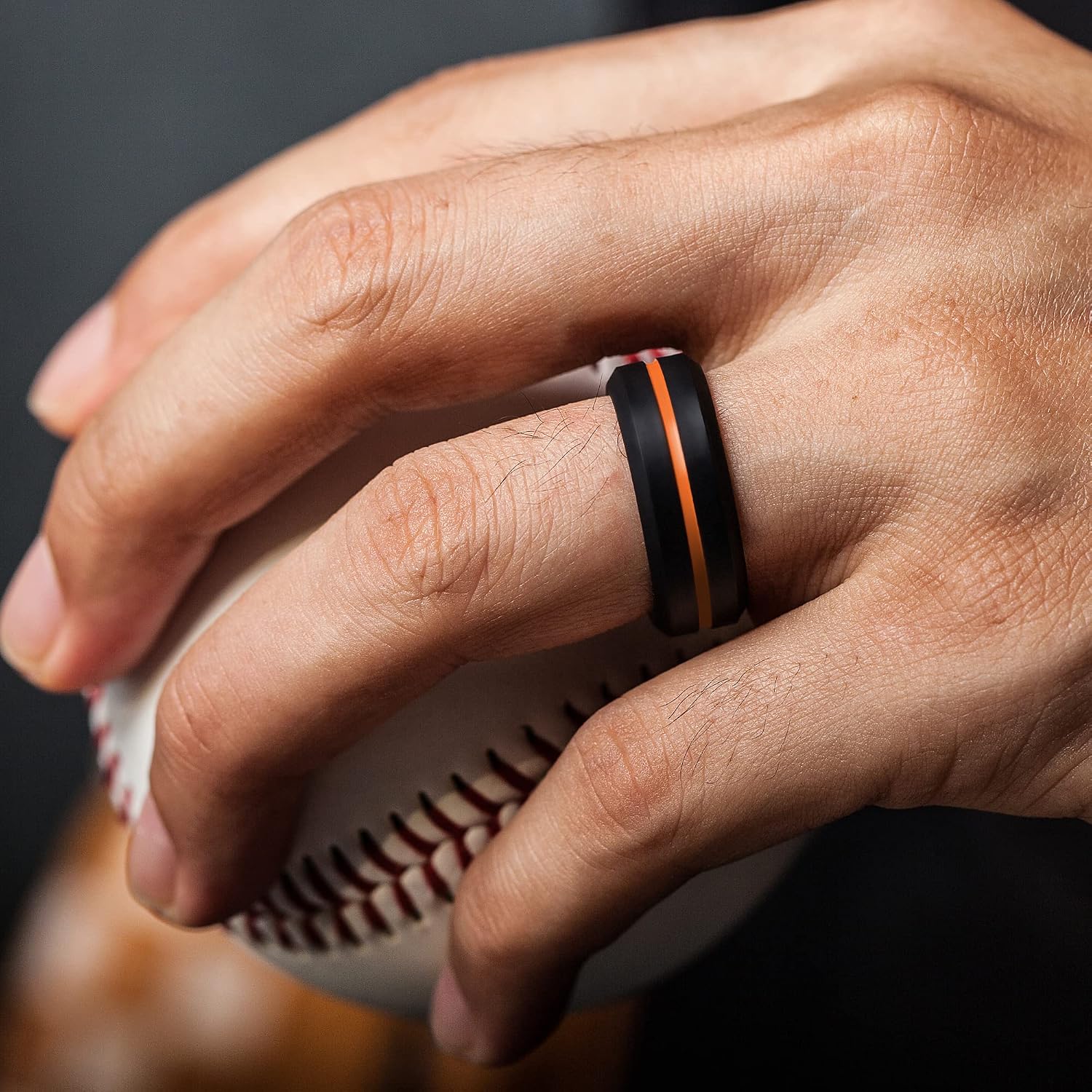 ThunderFit Silicone Wedding Rings for Men, Brushed Top Middle Engraved Line image 3