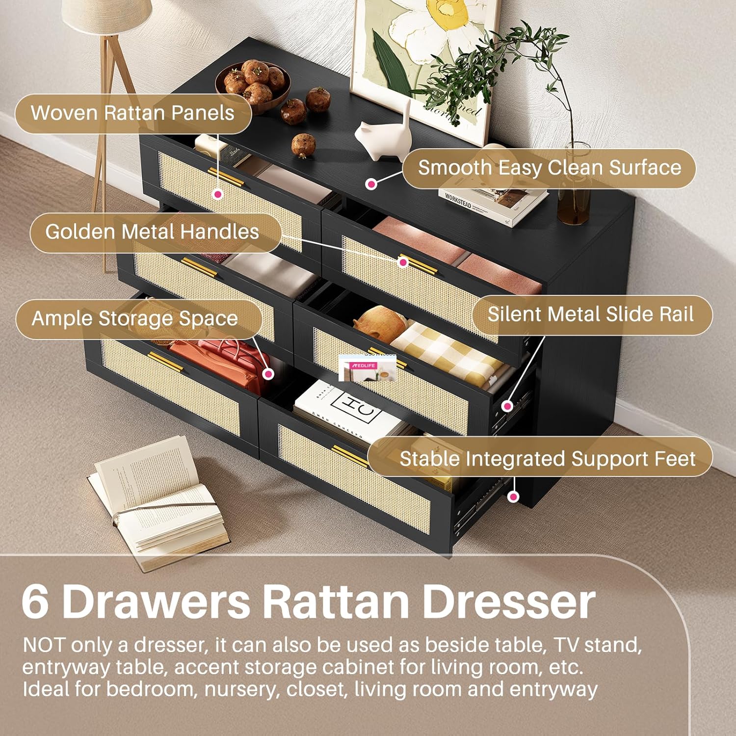 Redlife 6 Drawer Rattan Dresser highlighting key features