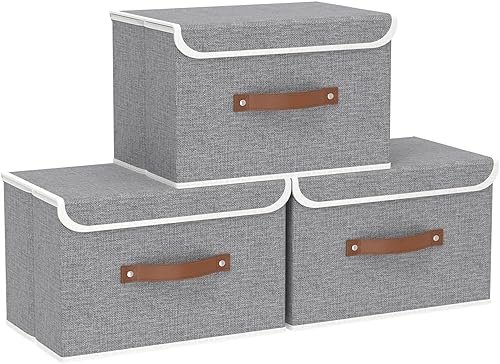 Yawinhe Contenedor de almacenamiento plegable, cesta organizadora de cubos, caja de tela con tapas, lavable y asa de cuero, para el hogar, armario,