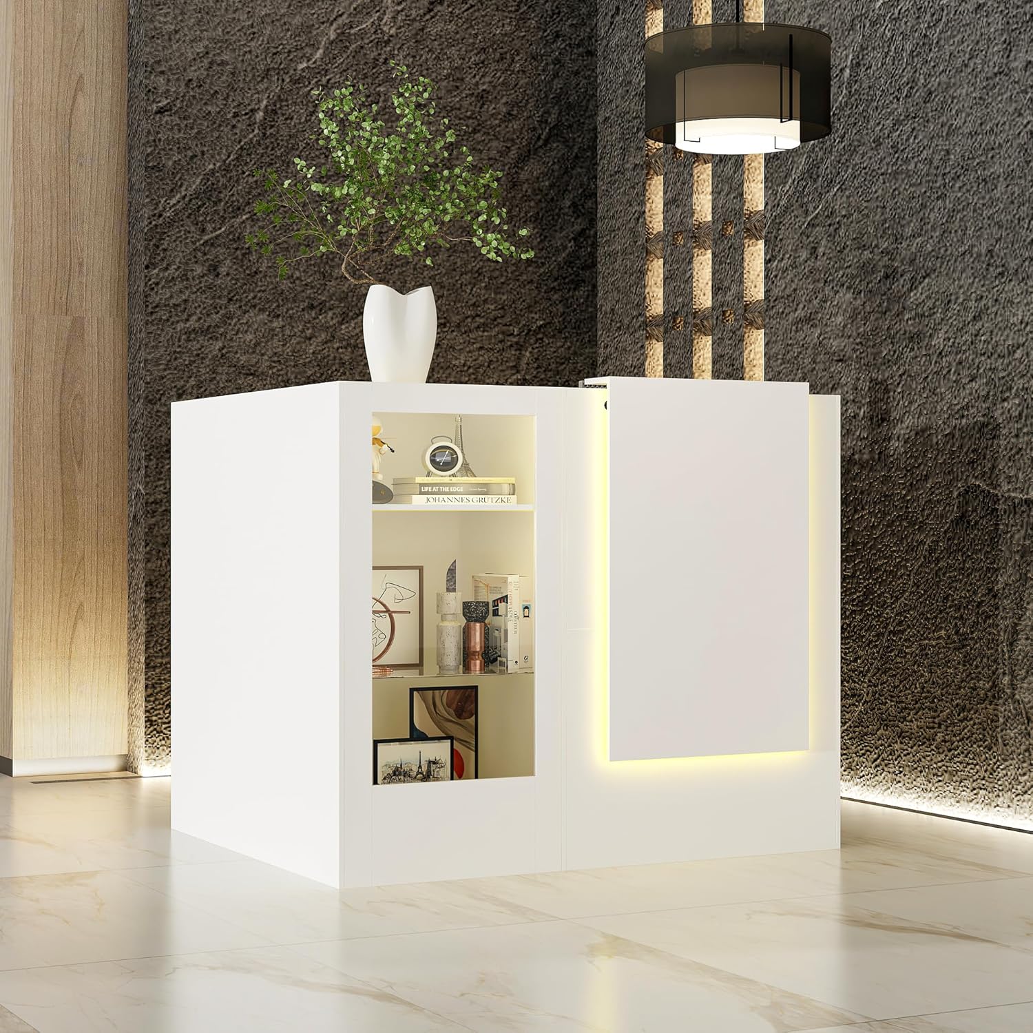 WOODTIME Reception Desk with Counter, Colored LED Light, Glass Front & Open Shelves, Retail Counter with Adjustable Glass Shelves, Checkout Front Desk for Office Clinic Lobby Salon, White