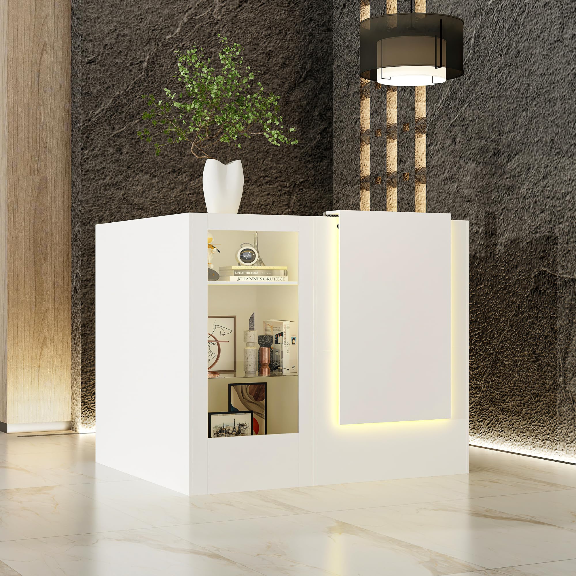 Banco di ricezione ad angolo bianco, con cassetto della tastiera e 2 armadi, cassette con strisce luminose, cassette di ricezione con piano in vetro temperato, tavolo da reception, 120 x 122 x