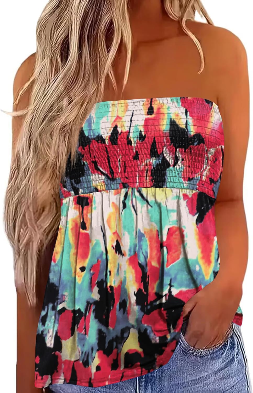 IWOLLENCE Womens Tube Tops Flowy Pleated Strapless Top White Ink Red XS
