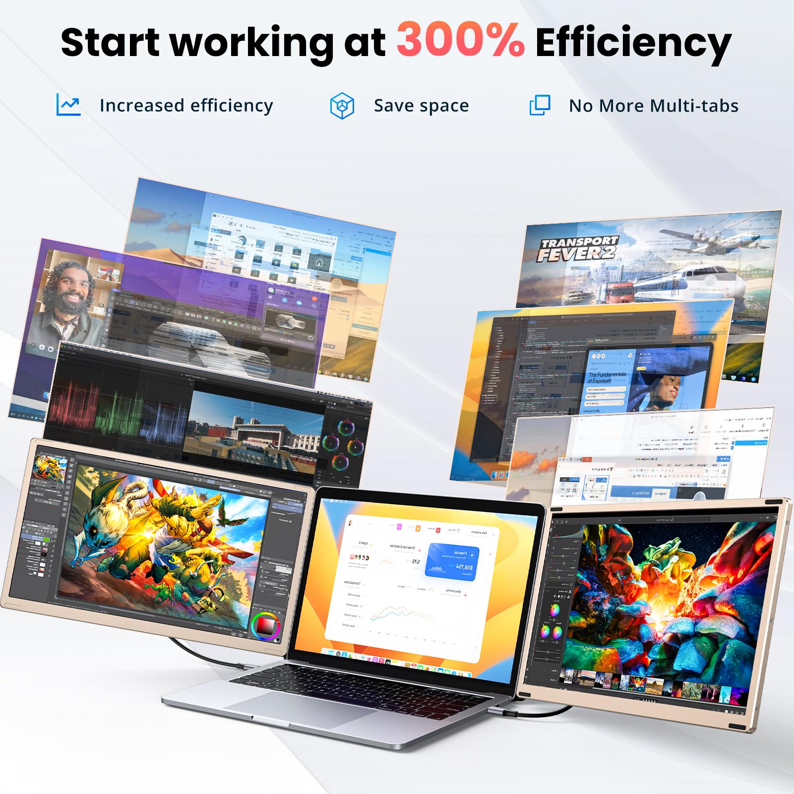 Extensión de pantalla de ordenador portátil, 15,6 pulgadas, FHD 1080P, triple monitor extender | Plug & Play, giratorio 235°, desmontable, apto para portátiles de 13 a 17,3 pulgadas, compatible con Win/MacOS/Chrome/Android