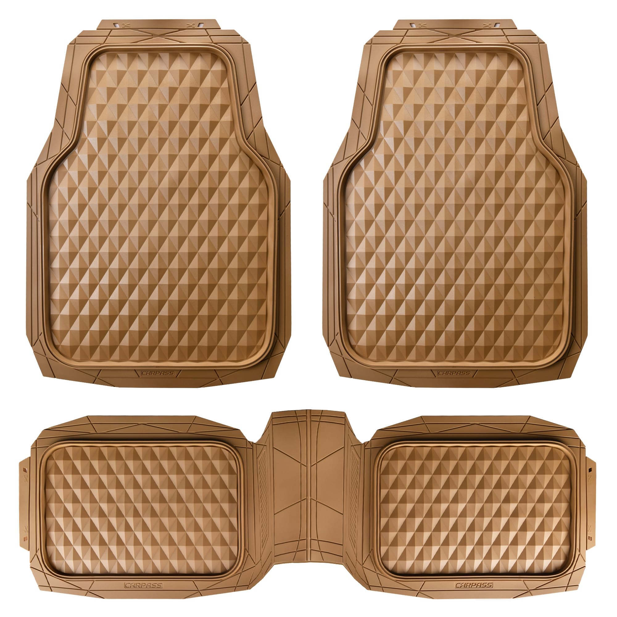 CAR PASS Heavy Duty Rubber Car Mats, Deep Dish All-Weather Floor Mat for Car Full Set Durable Anti-Slip 3D Rhombus Waterproof Trim to fit Liner Universal Fit Automotive,Sedan,SUV,Truck, 3 Piece Beige