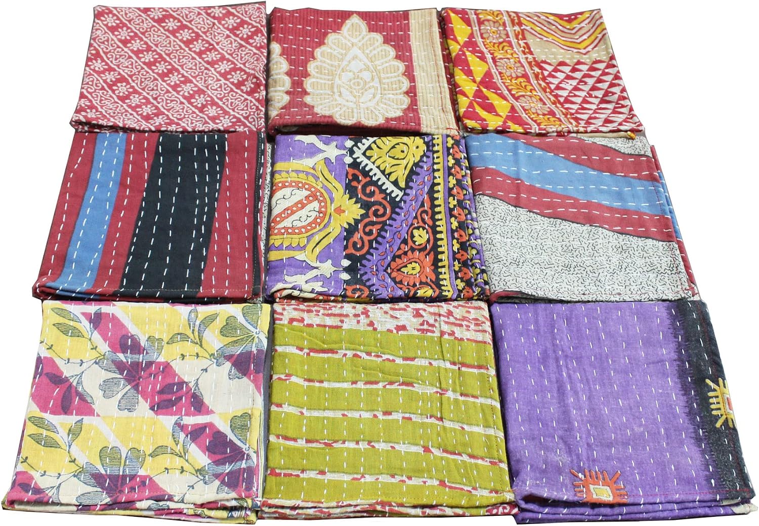 Mango Gifts Kantha Cloth Napkins Set of 12 – Handmade Cotton Reusable Dinner Napkins, 16x16 Inch, Assorted Boho Colors, Eco Friendly Table Linen for Weddings & Parties