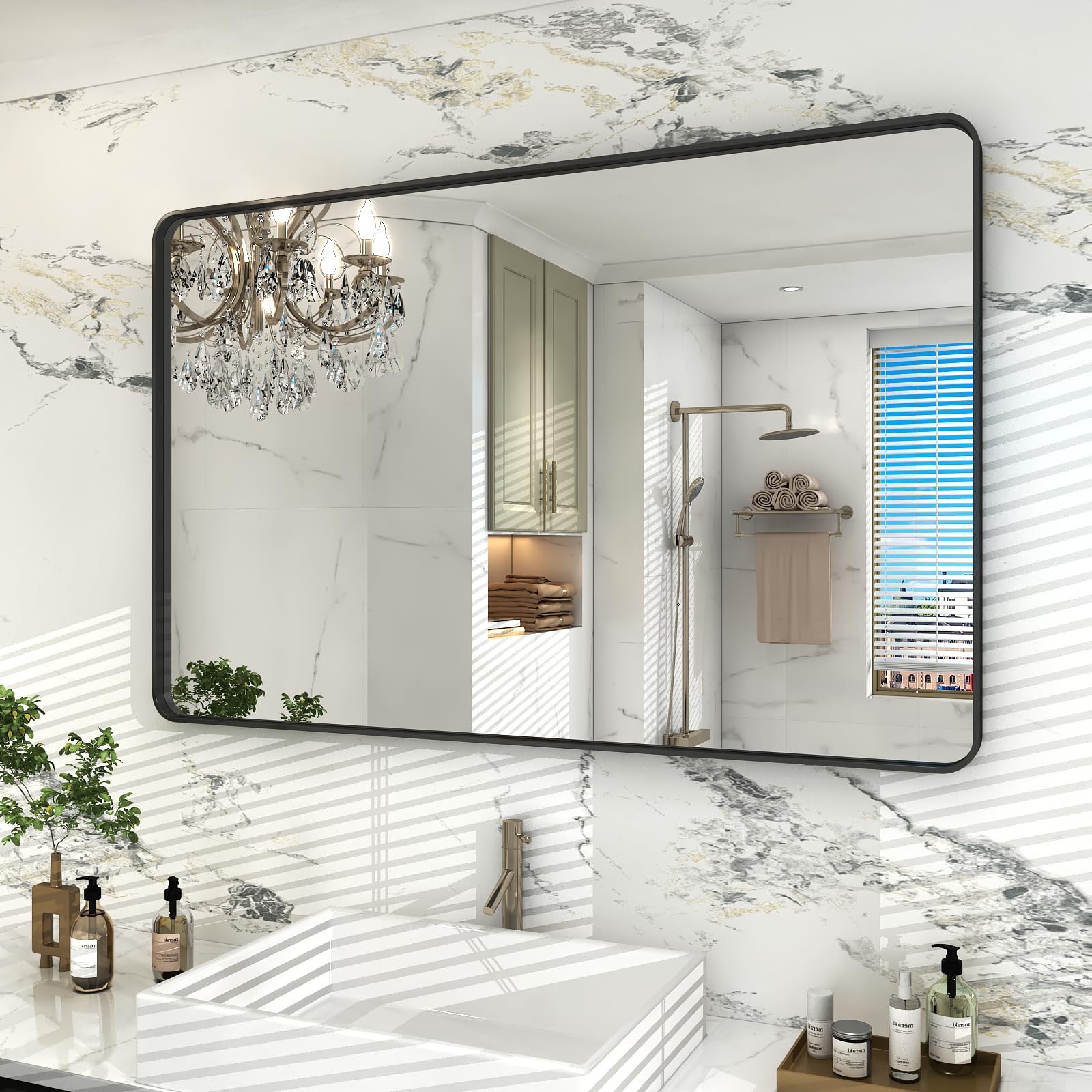 Black Framed Bathroom Mirror for Wall, 48X30 Matte Black Bathroom Vanity Mirror, Rounded Rectangle Wall Mirror for Vanity, Anti-Rust Shatterproof (Horizontal/Vertical)