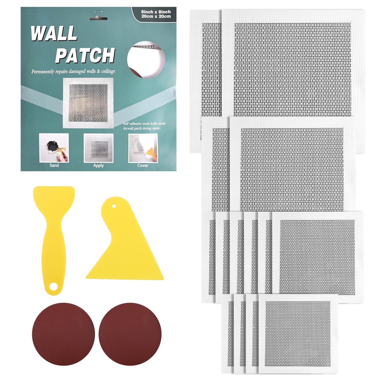 Kit réparation plaque de plâtre 20pcs avec patchs de 5 à 20cm pour grands trous de mur sec