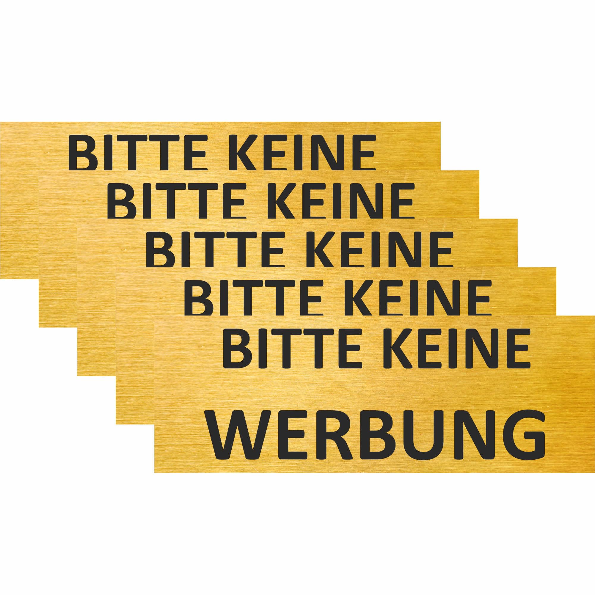 KIWISTAR UG – Stop Bitte Keine Werbeung Sticker – 50 X Cartello inciso in plastica 1,4 mm 70 X 25 mm oro spazzolato nero – Targhetta per cassetta delle lettere autoadesiva – UV e resistente alle