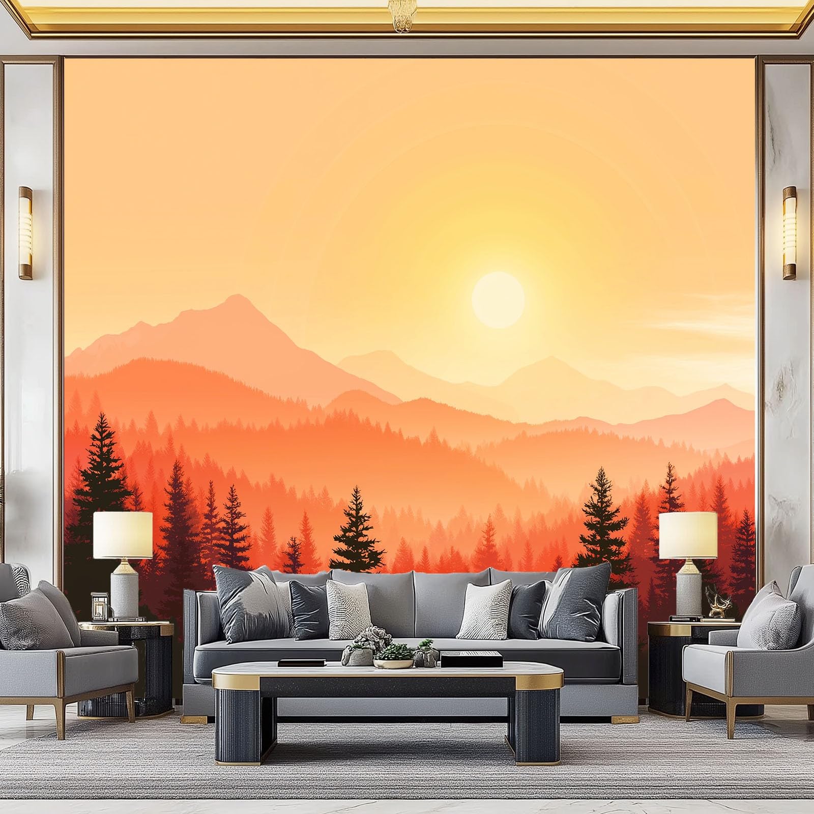 Fototapeten Berge Und Wälder Sonnenaufgang Silhouette Natur 300 x 210 cm Vlies Tapete - Vliestapete - Wanddekoration für Wohnzimmer Schlafzimmer & Flur Spielzimmer - Kamel Wandtapete