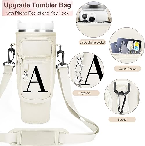 Miniatura 7 de DTBG Bolsa de transporte para botella de agua Stanley de 40 onzas de neopreno con bolsillo para teléfono, correa ajustable, mosquetón, bolsa