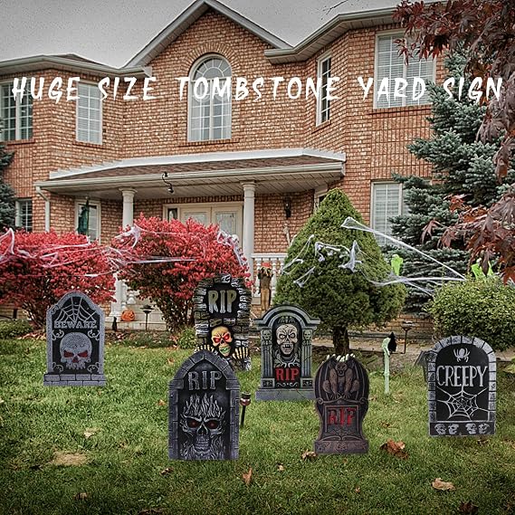 17in Tombstones Yard Sign with Stakes, 6PCS Graveyard Halloween Decorations Scary Gravestone Headstone Lawn Signs Halloween Decor Halloween Tombstones & Cemetery Decorations Waterproof(Large)