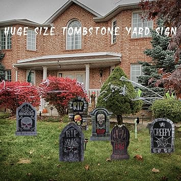 17in Tombstones Yard Sign with Stakes, 6PCS Graveyard Halloween Decorations Scary Gravestone Headstone Lawn Signs Halloween Decor Halloween Tombstones & Cemetery Decorations Waterproof(Large)