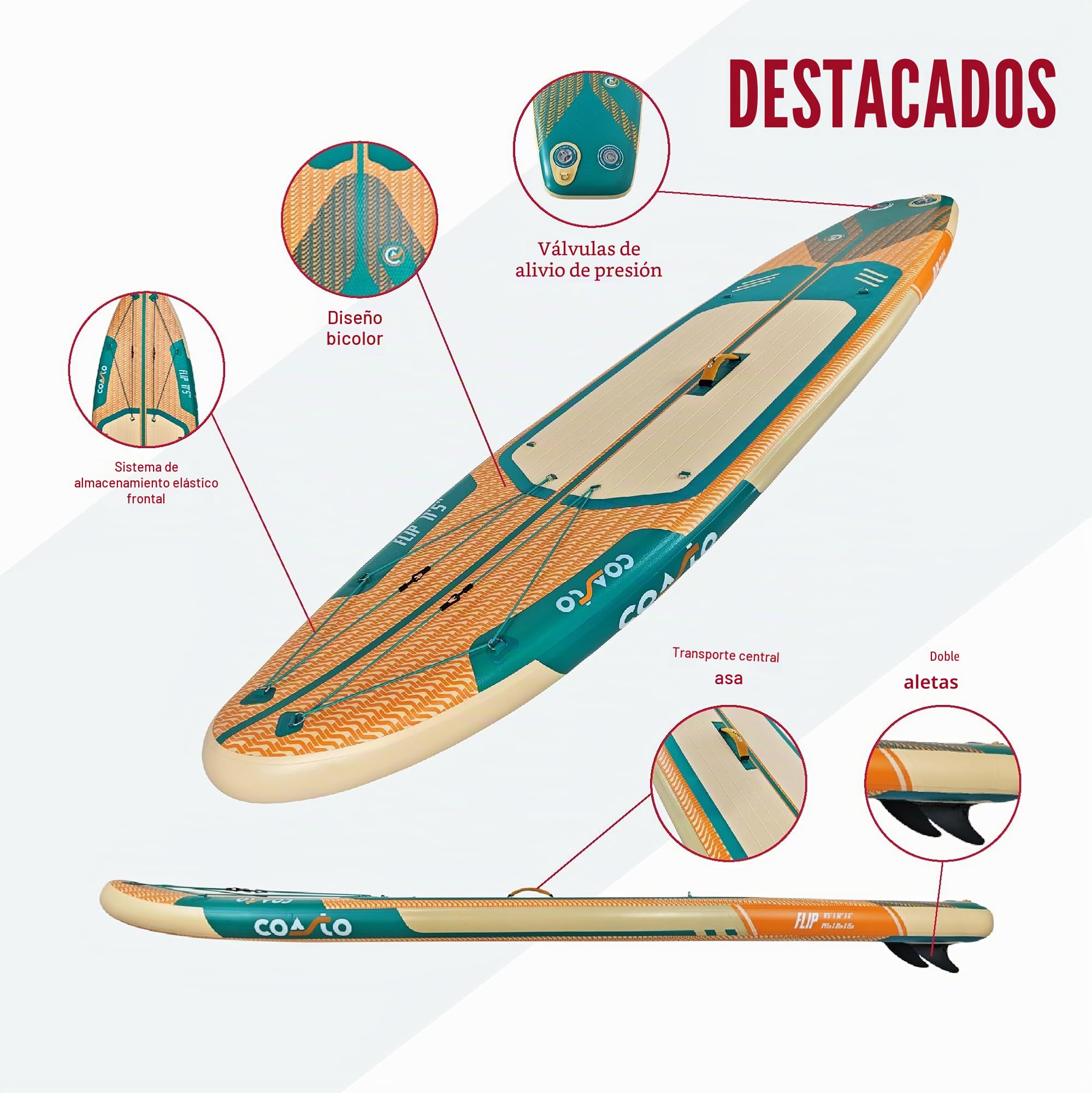 Coasto – Sup Stand Up Paddle Inflable Coasto Flip 11'5 – PB-CFLIP115-348x81x15 cm Dropstitch Woven – Paquete Completo – Paleta Leash Bomba Bolsa de Transporte – hasta 150 kg – Naranja