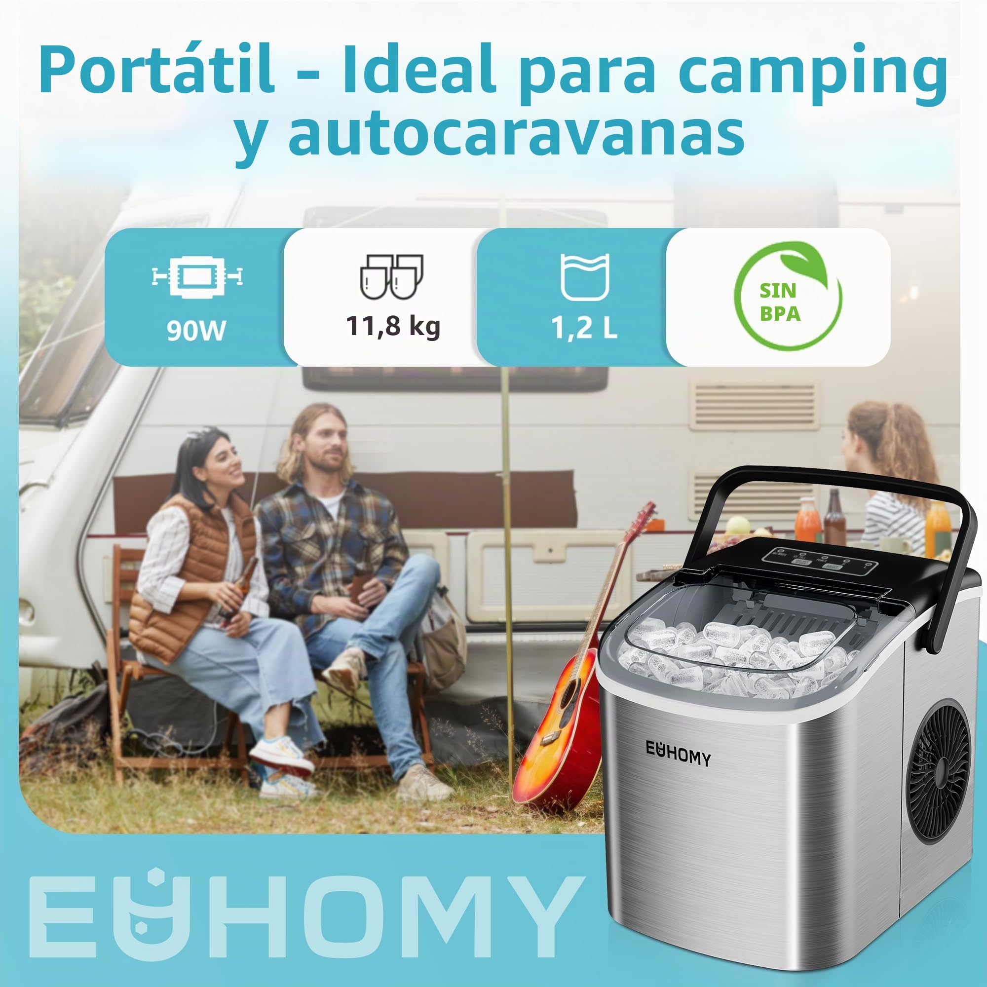 EUHOMY Máquina de cubitos de hielo de acero inoxidable, 24 cubitos de hielo en 13 minutos, 24 kg/24 h, máquina de hielo autolimpiable de 3,2 L con pala de hielo y cesta Gris