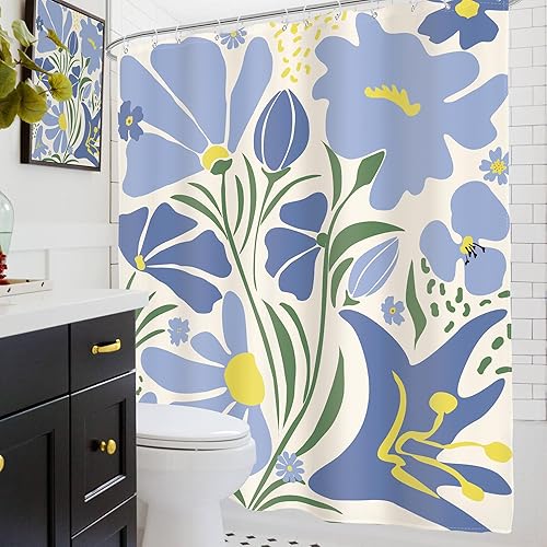 Miniatura 4 de Glawry Cortina de ducha bohemia azul y verde, abstracta, linda, azul marino, Matisse, floral, flores, hojas, retro, Groovy, baño, moderno, 60
