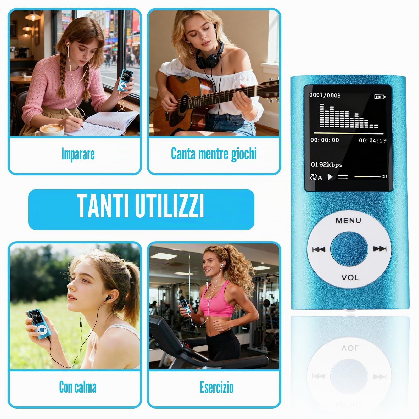 MP3 Lettore Musicale HiFi Portatile Senza Perdita Con, Blu, Con Schermo LCD Da 1,8 Pollici E Slot Di Memoria, Max Support 32 GB Memory Card, Dispositivo Multifunzionale Per Sport E Bambini