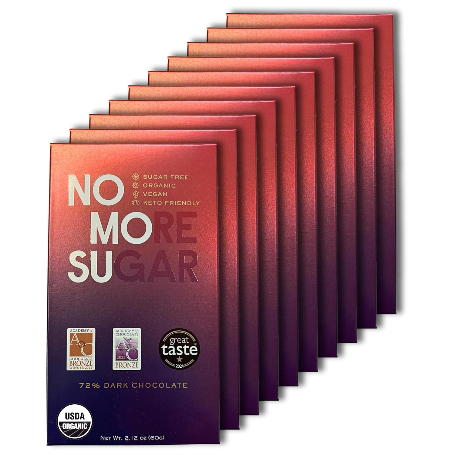 NOMOSU | Organic 72% Dark Chocolate Bar | 60g | 10 Pack | Sugar Free | USDA Organic | Keto & Low Carb Friendly | Vegan | Smooth Bold Flavor | Guilt Free Chocolate Snack