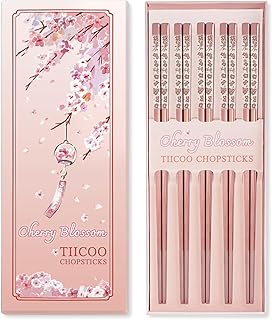 Chopsticks Reusable 18/8 Stainless Steel Chopsticks Pink Sakura Laser Engraved Metal Chop sticks Non-Slip Dishwasher Safe Japanese Korean Chopstick for Cooking Eating 5 Pairs Premium Gift Set