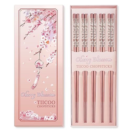 Chopsticks Reusable 18/8 Stainless Steel Chopsticks Pink Sakura Laser Engraved Metal Chop Sticks Non-Slip Dishwasher Safe Japanese Korean Chopstick for Cooking Eating 5 Pairs Premium Gift Set