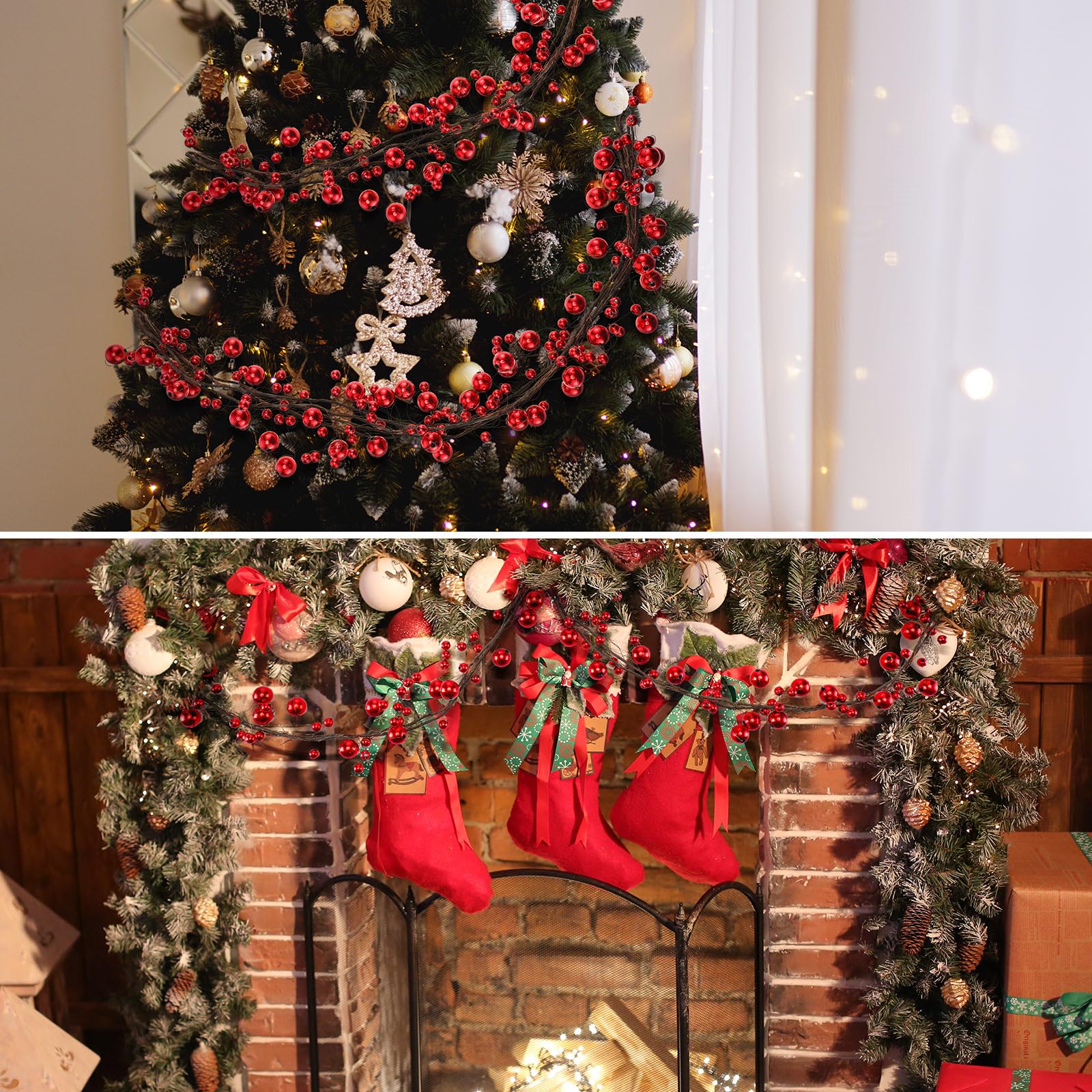 WILLBOND Guirnalda de bolas de Navidad rojas de 18 pies, adornos colgantes para árbol de Navidad, chimenea, corona, interior, exterior, hogar, oficina
