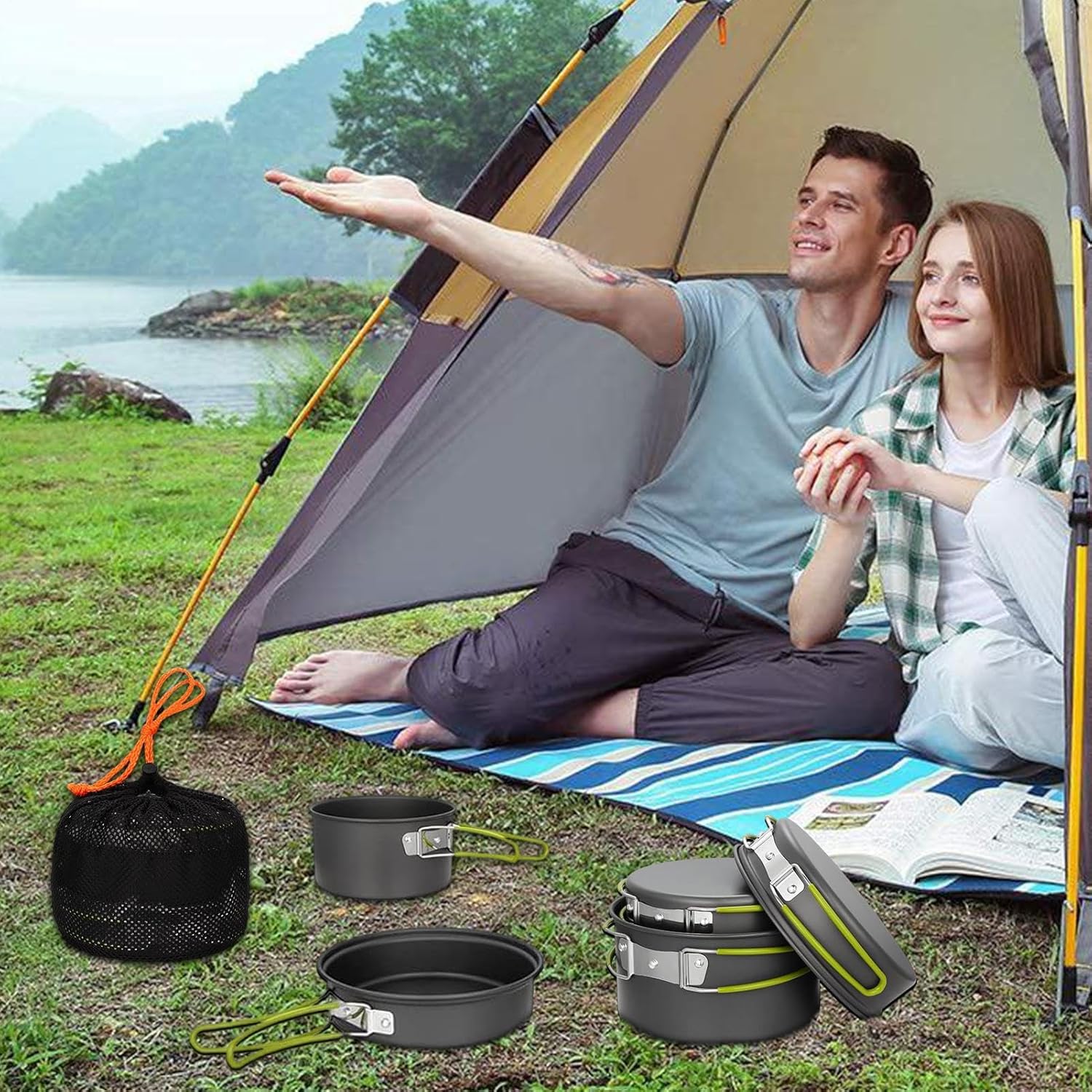 Camping Pots,Portable Non-Stick Griddles Gear - Backpacking Pot | for Outdoor Kitchen Picnic 2 to 3 People Hiking Backpacking