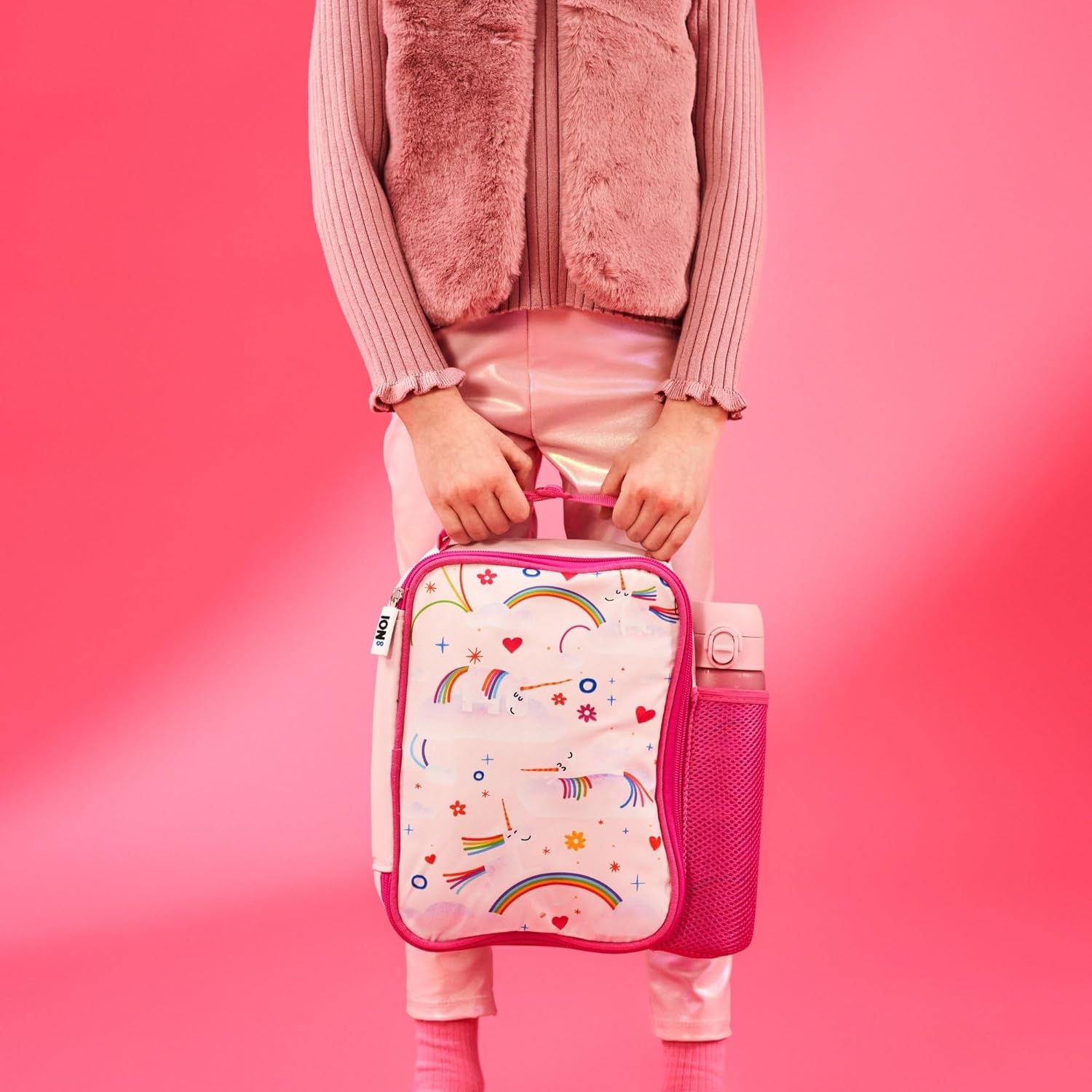 Ion8 Kids Insulated Lunch Bag, Unicorn Rainbows -Reusable, Padded Thermal Lunch Box for School & Travel -Easy to Clean Wipeable Food Safe Lining with Mesh Water Bottle Pocket, Name Patch, Carry Handle