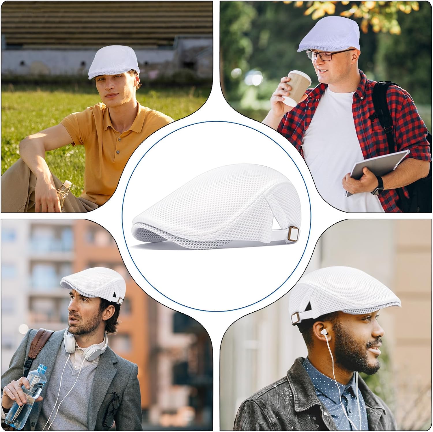 Tucnoeu Mens Breathable Mesh Summer Hat, Men's Mesh Flat Cap, Adjustable Newsies Hat, Cabbie Driving Hats White