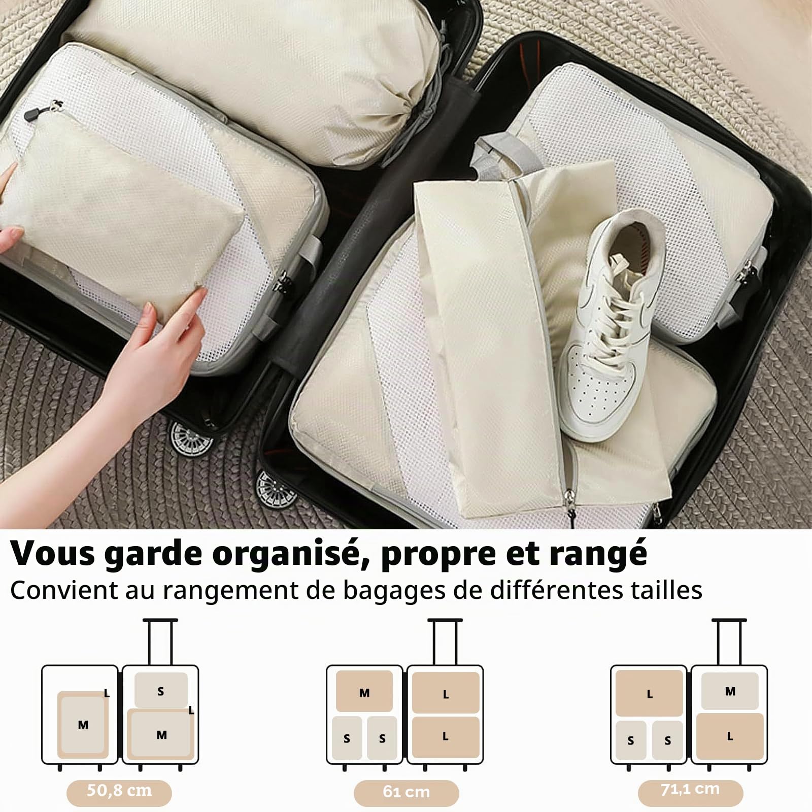 9 Pièces Organisateur de Voyage,Packing Cubes Compression,Organisateur Valise,per Vêtements, Chaussures et Cosmétiques,rangement valise organisateur.(Beige)