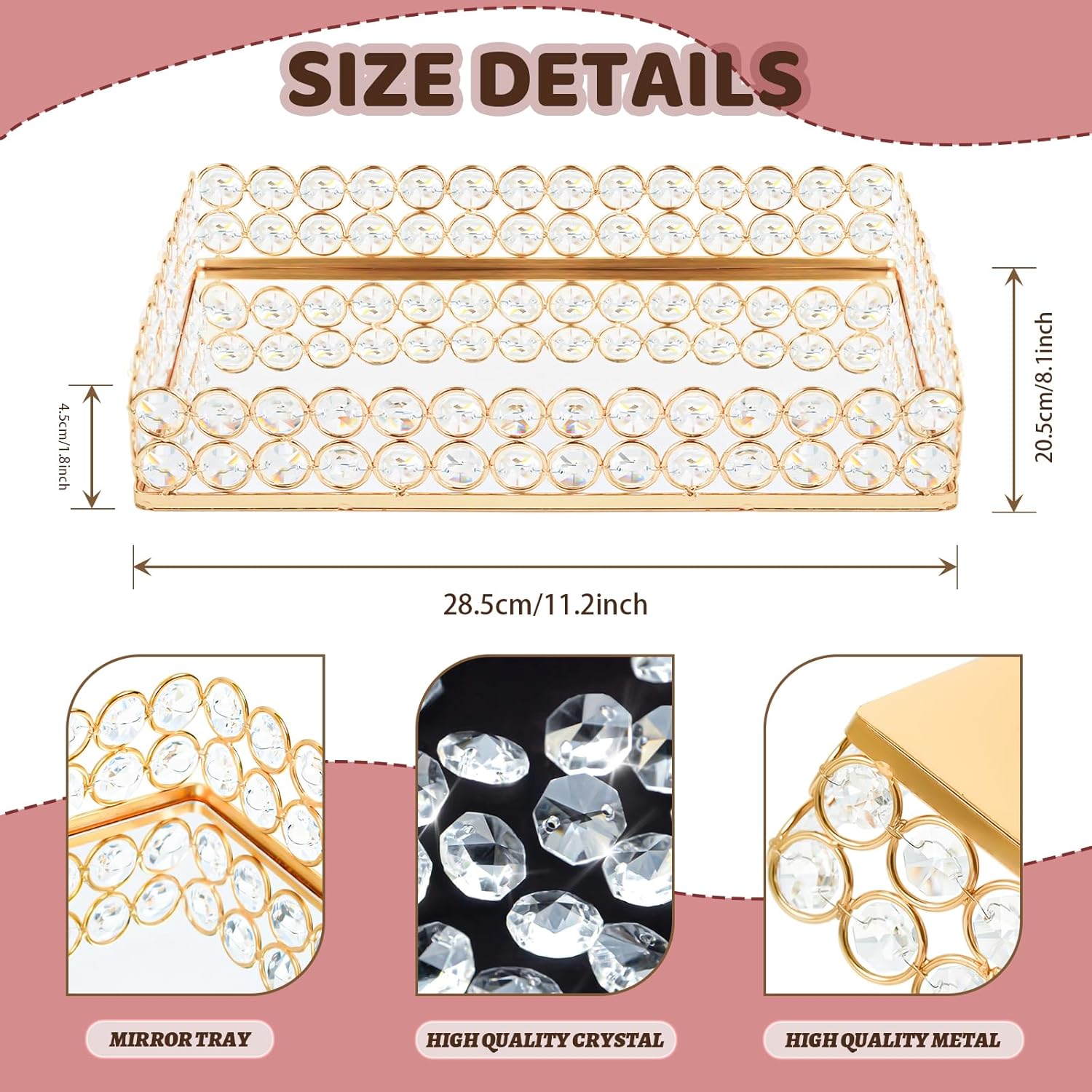 2 Pcs Gold Metal Crystal Mirror Tray - 11.2"x8.1" Table Centerpieces Tray, Multi-Functional Display for Flowers/Cupcakes/Jewelry, Vanity Organizer & Wedding Dessert Table Accent