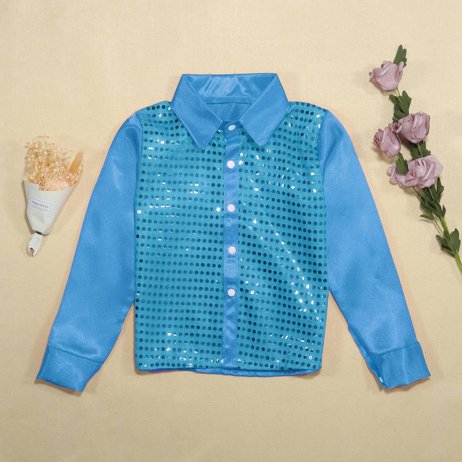 Générique Tunica Top da Danza con Paillettes Scintillanti per Bambini, Camicia abbottonata a Maniche Lunghe per ragazzi Costume da Spettacolo di Danza Jazz Body Vestito a V