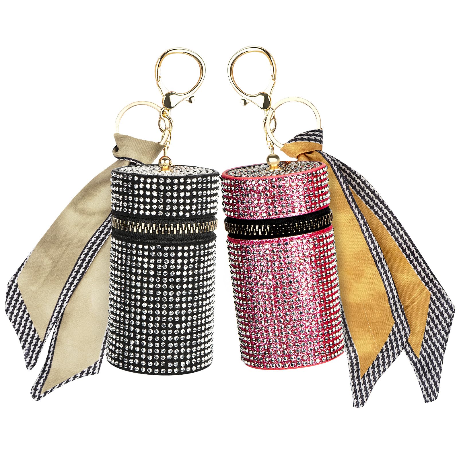2 Pack Lipstick Case Keychain, Leather Diamond Lip Gloss Holder, Travel Lipstick Organizer for Fingernail Polish