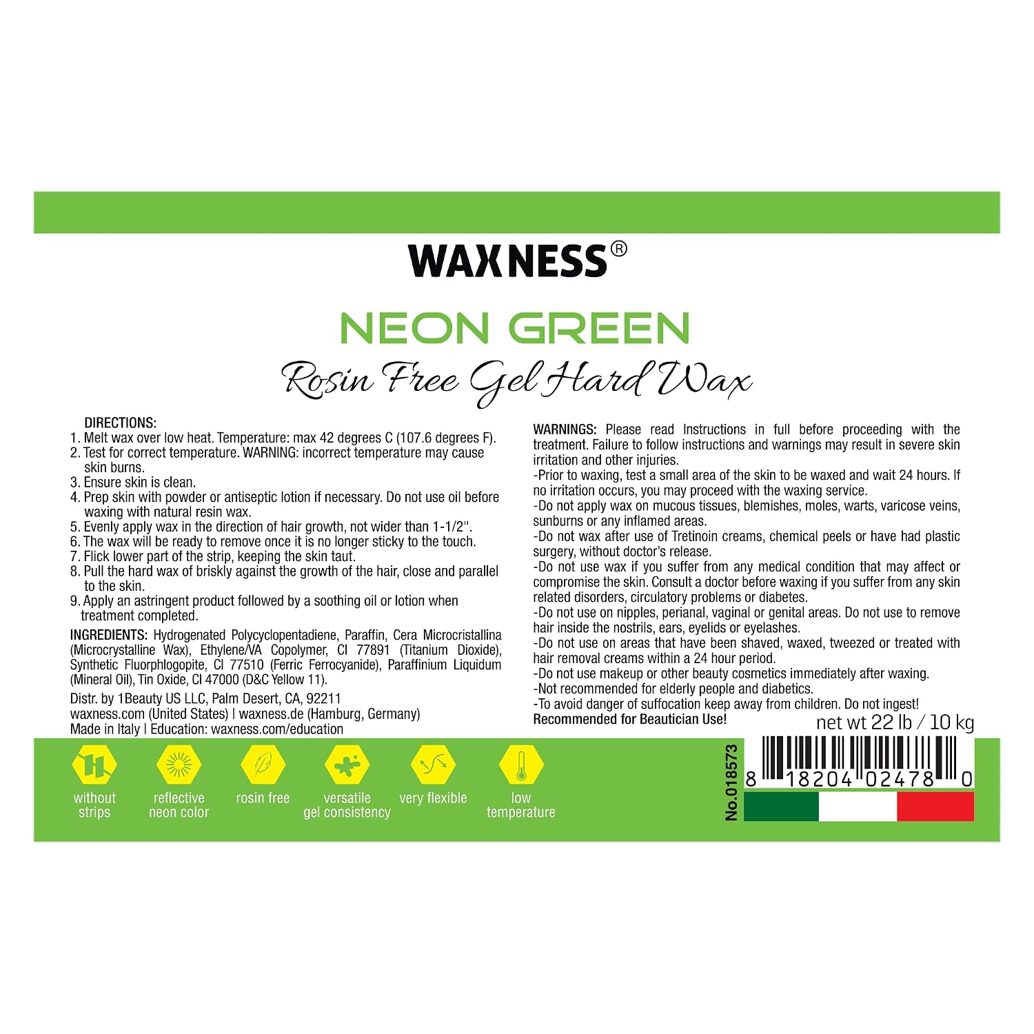 Waxness Neon Series Green Hard Wax Beads Bulk 22 lb (10 kg) – Rosin-Free Stripless Hard Wax with Gel Texture and High Visibility, Salon Use – Made in Italy