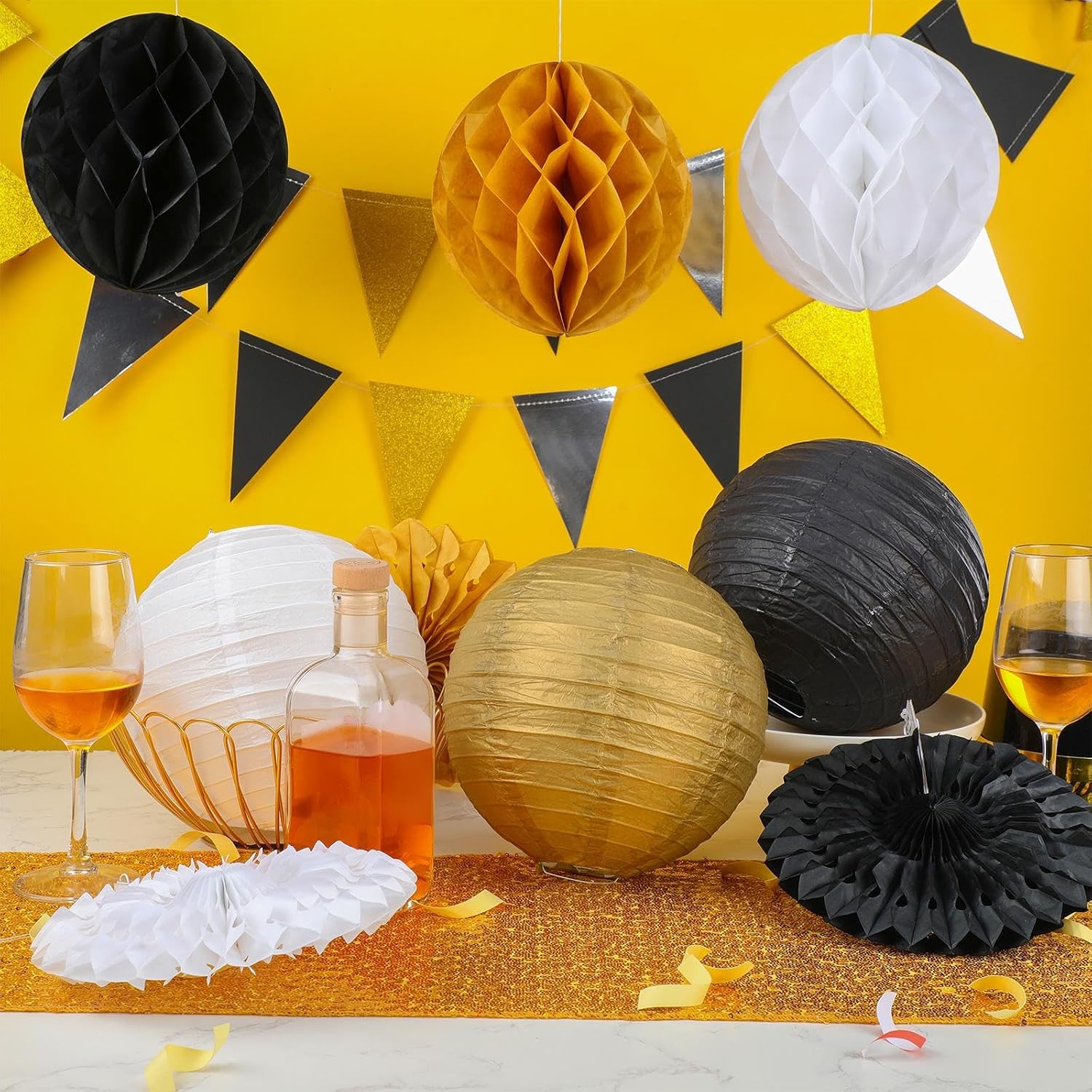 20 Pcs 2026 New Years Party Decoration New Year Paper Lanterns Black Gold Party Decoration Paper Fan Hanging Honeycomb Ball Triangle Flag for Supplies Decorations