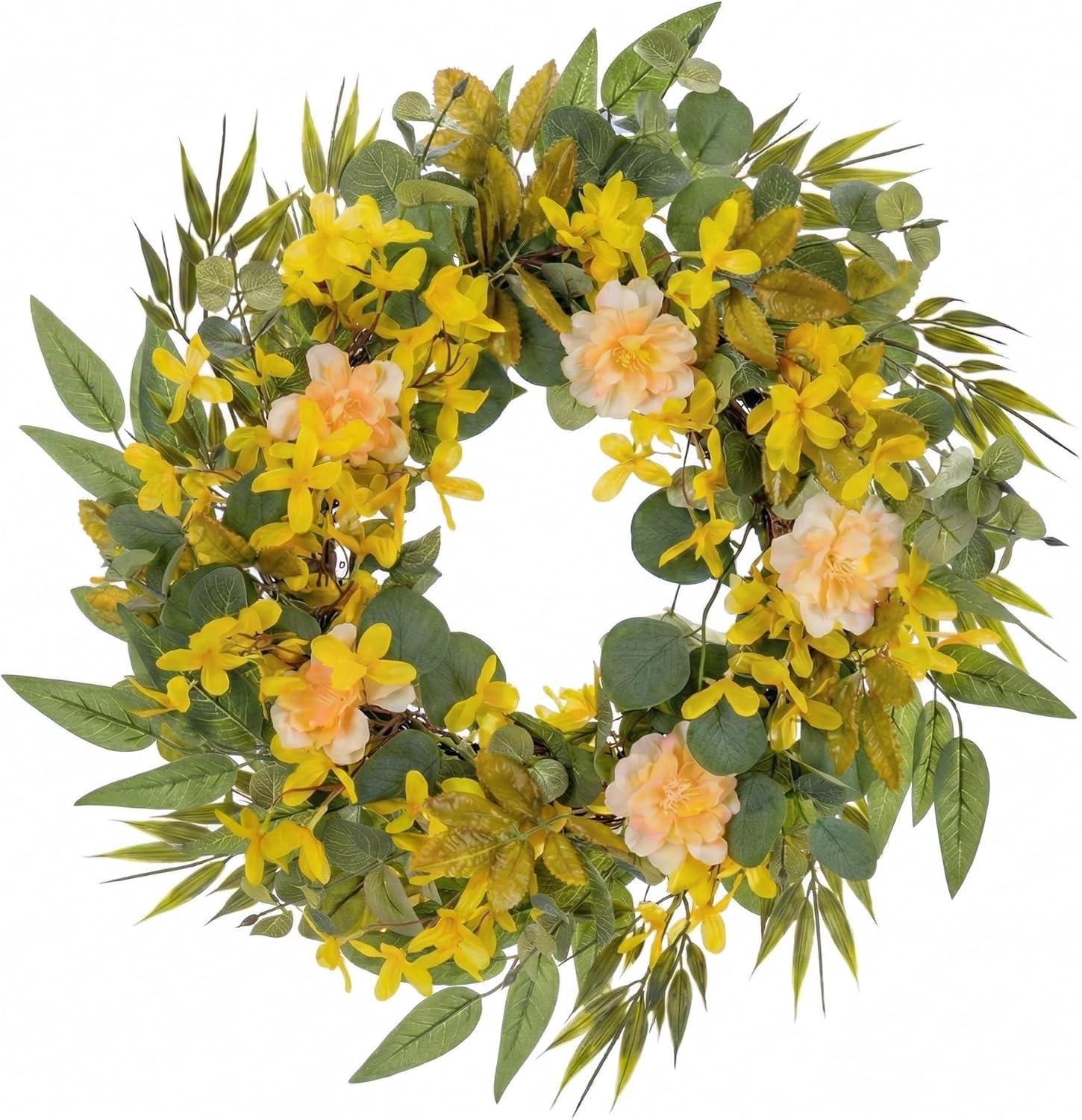 Yellow Wreaths for Front Door Decor, 22" Artificial Eucalyptus Leaves Wildflower Wreath Decorations for Spring Summer Home Door Window Outside Wall Indoor Outdoor Porch and Housewarming Party