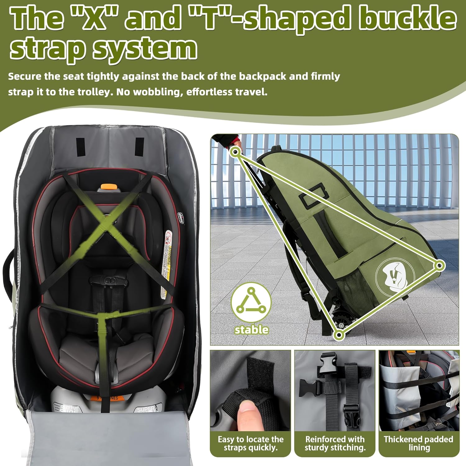 Car Seat Travel Bag with Wheels for Airplane, Waterproof Padded Car Seat Carrier Backpack for Airport, Fits Infant & Convertible Seats，Green